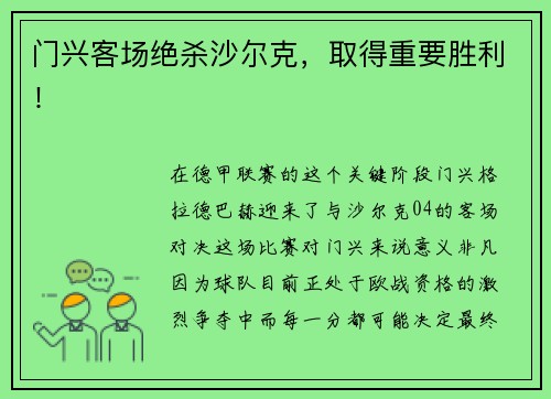 门兴客场绝杀沙尔克，取得重要胜利！
